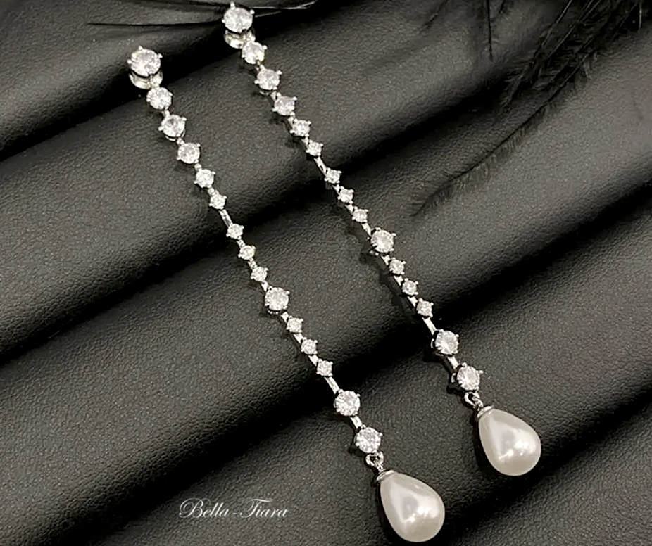 Daniella - Elegant Long pearl drop bridal earrings
