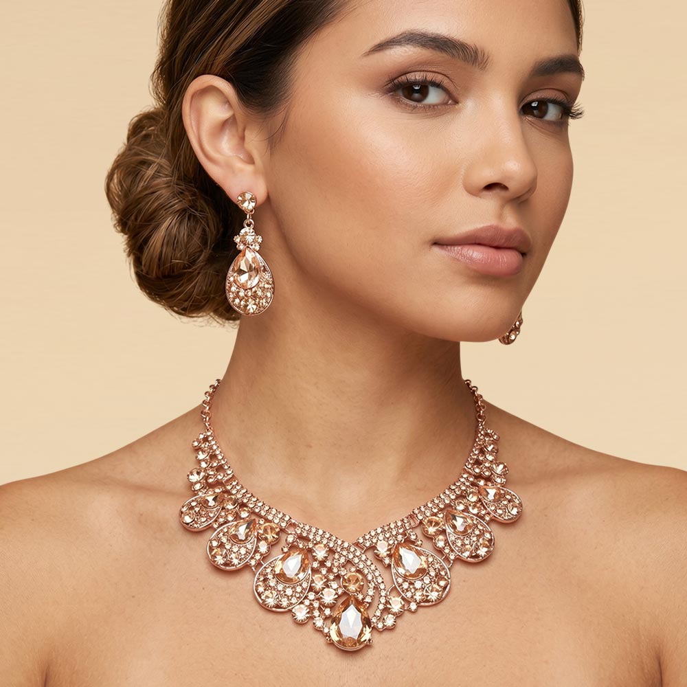 Lia - rose gold Dazzling  crystal statement bridal necklace set