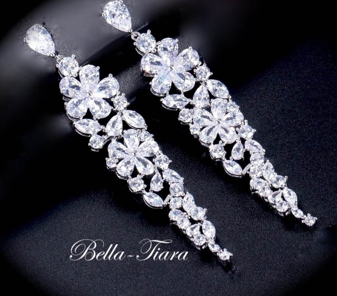 Aurora Beautiful swarovski crystal long drop bridal earrings