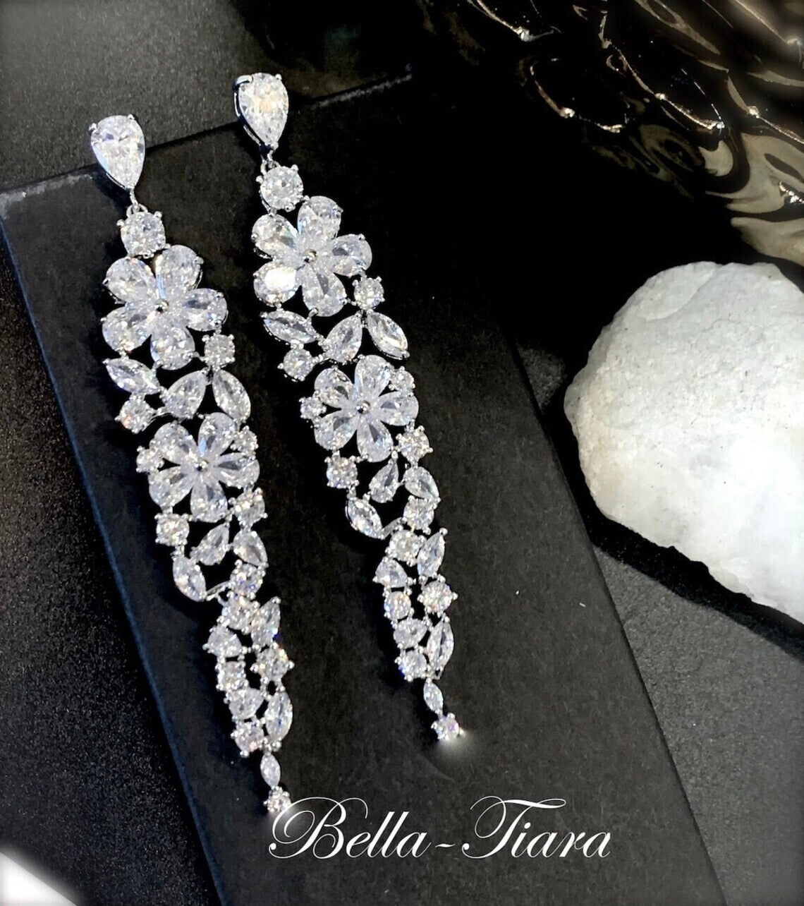 Aurora Beautiful swarovski crystal long drop bridal earrings