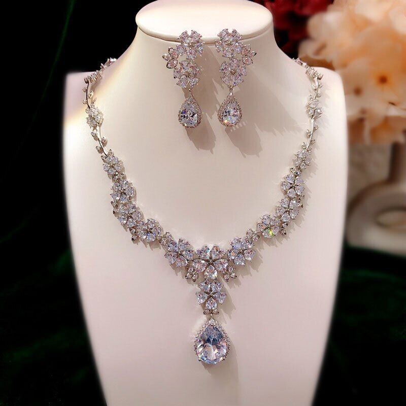 Ginevra -  Stunning CZ floral bridal necklace set