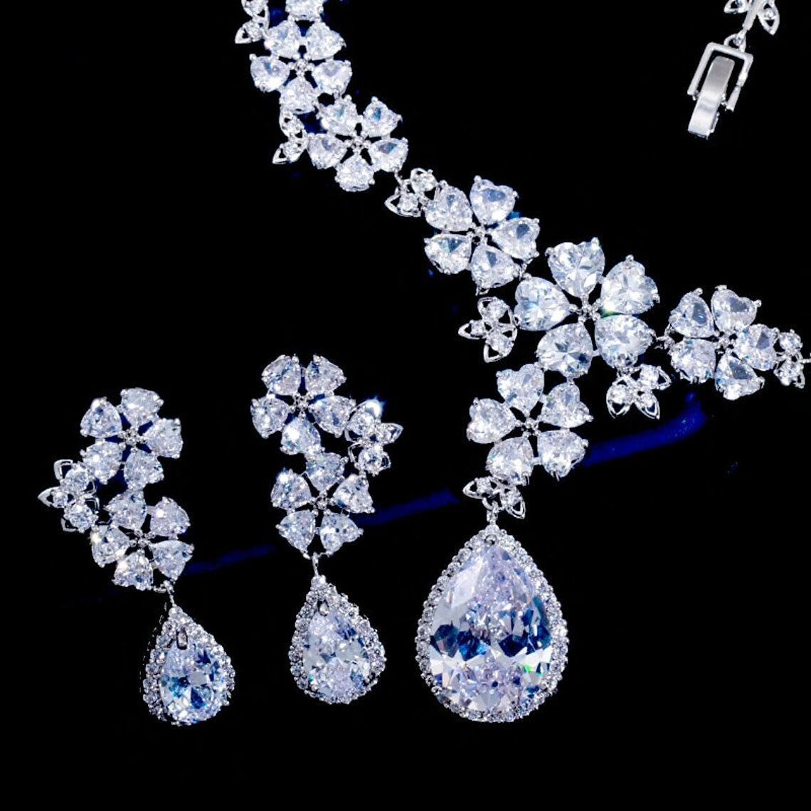 Ginevra -  Stunning CZ floral bridal necklace set