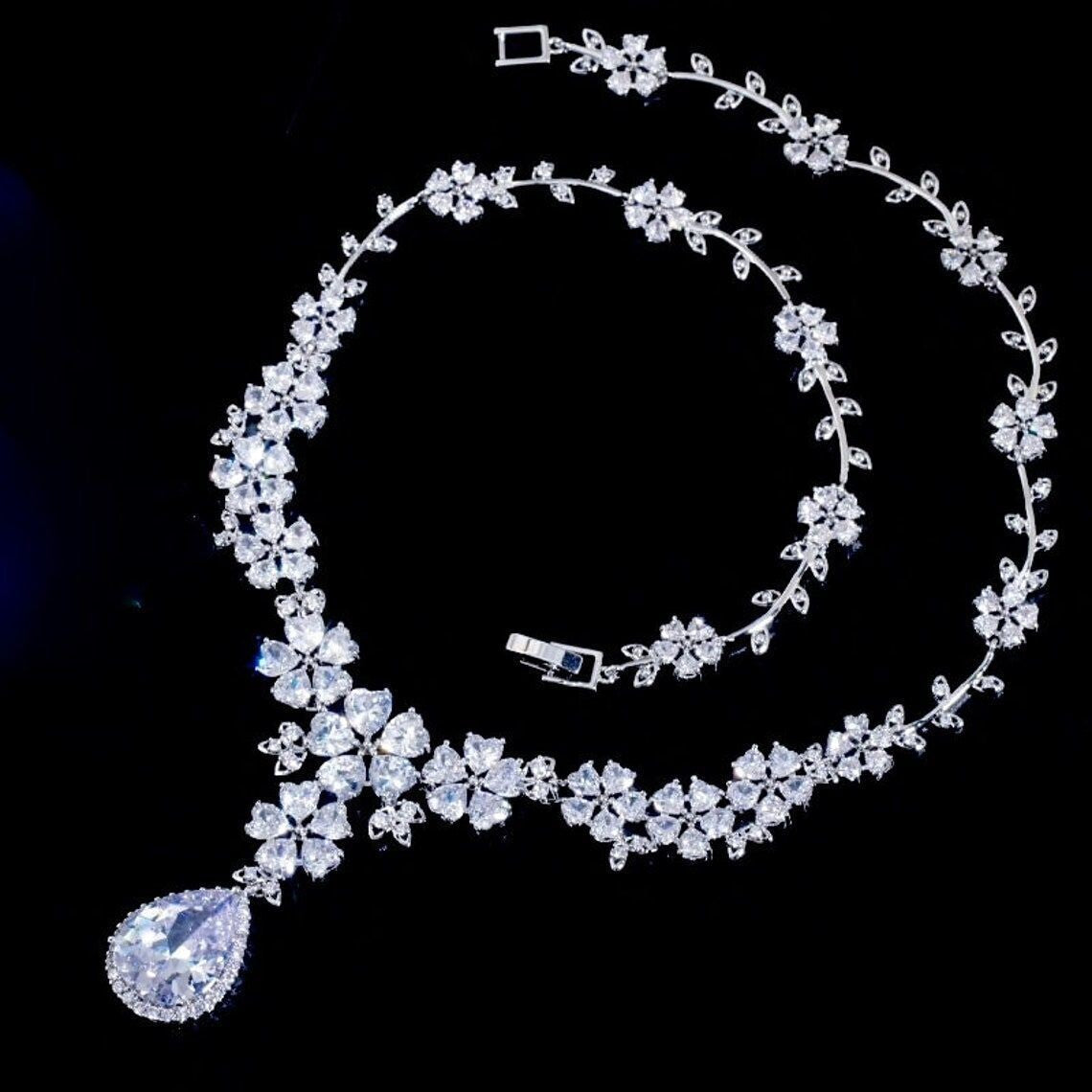 Ginevra -  Stunning CZ floral bridal necklace set