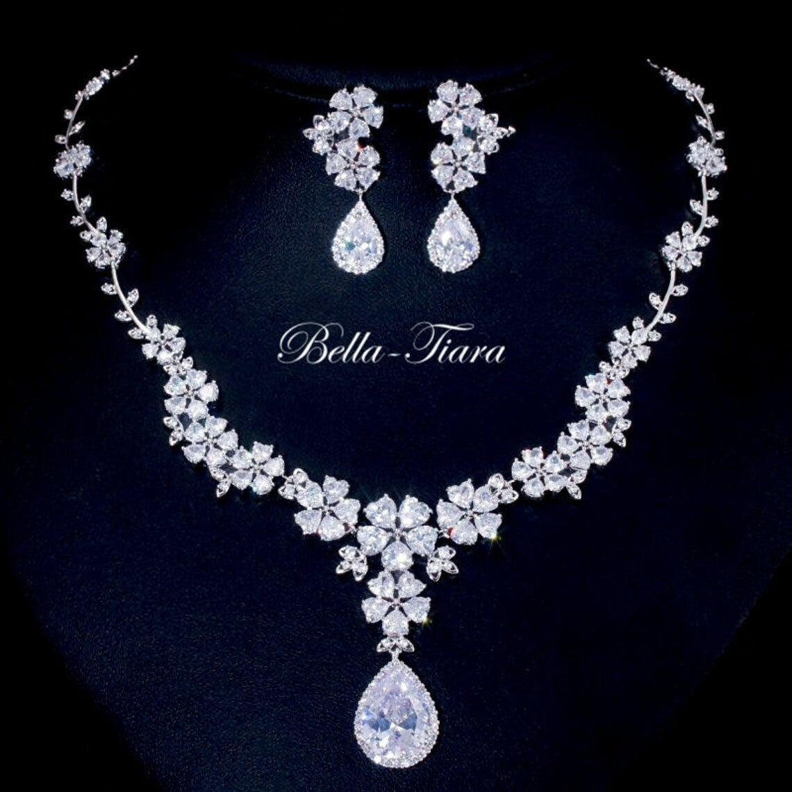 Ginevra -  Stunning CZ floral bridal necklace set