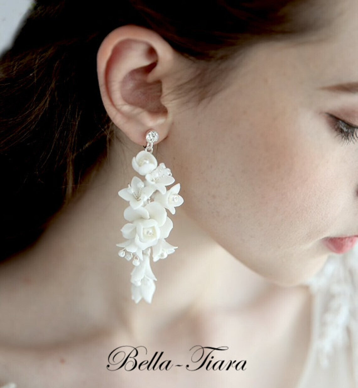 Juliet - Porcelain off white Floral drop bridal earrings