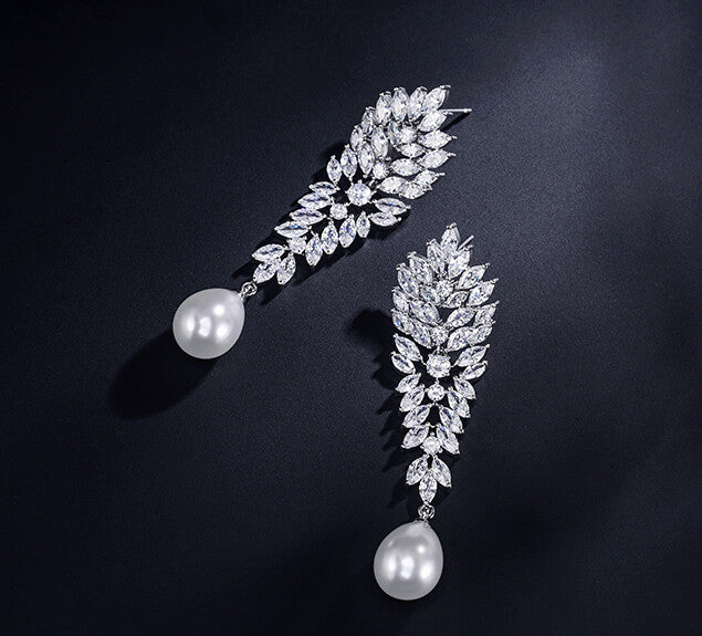 Elsa - CZ pearl bridal drop earrings