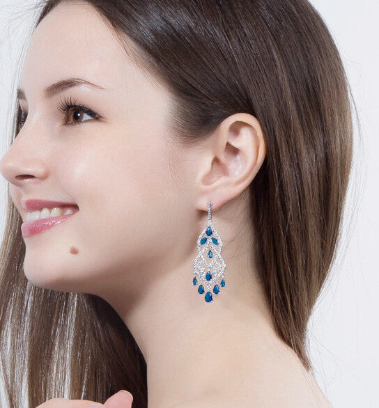 Giulia - Elegant Sapphire Blue CZ chandelier bridal earrings