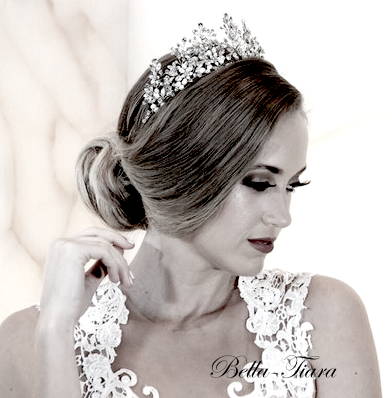 Kienna - Silver Swarovski Crystal and off white pearl wedding Tiara