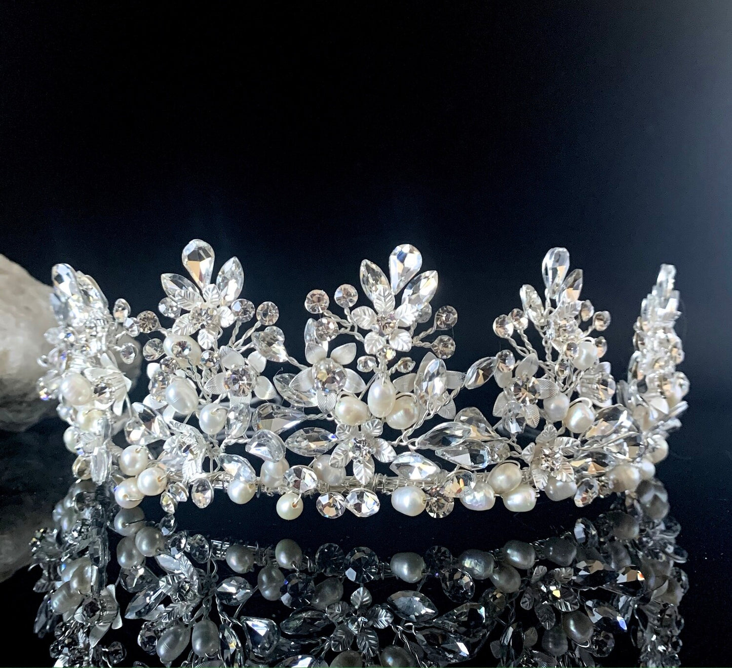 Kienna - Silver Swarovski Crystal and off white pearl wedding Tiara