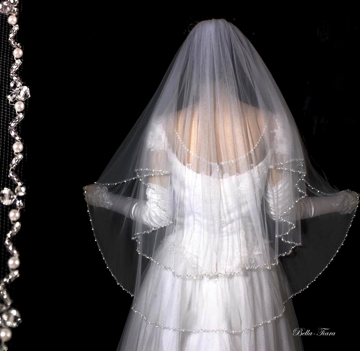 Katalina – Beaded pearl and crystal edge 2 tier veil