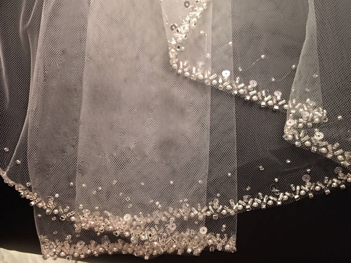 Royal Giorgina – Beaded crystal pearl cathedral wedding veil - Free blusher