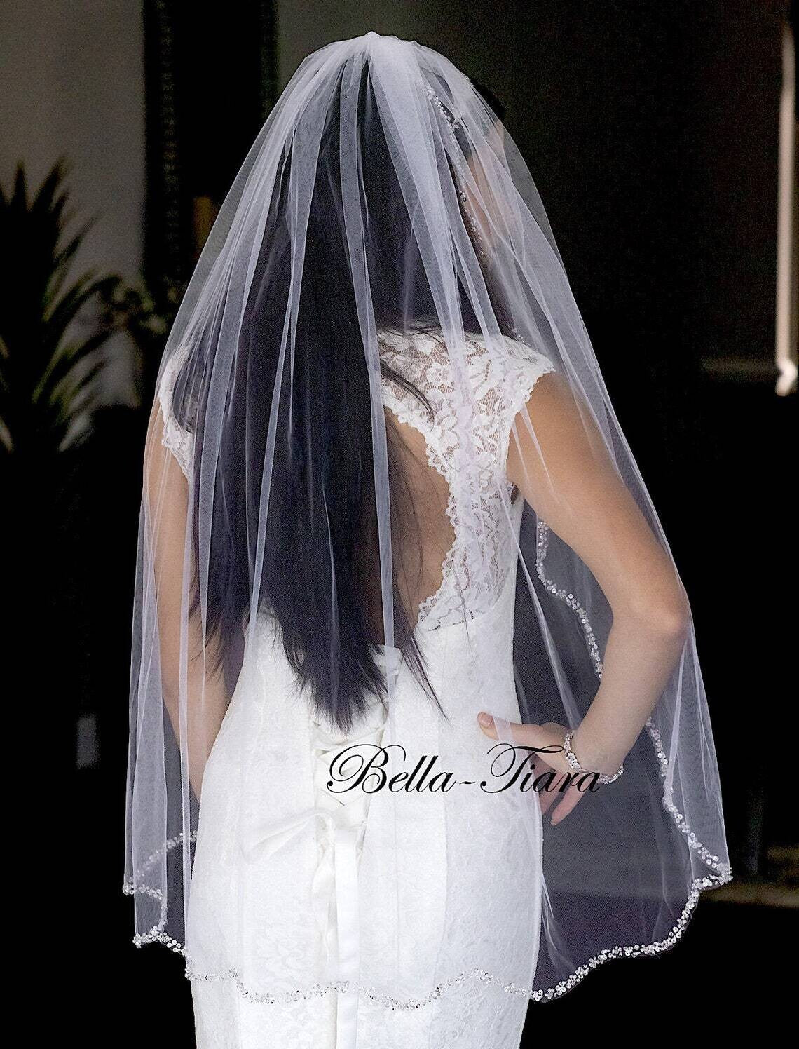 Norina - Scalloped Beaded crystal and pearl trim fingertip wedding veil