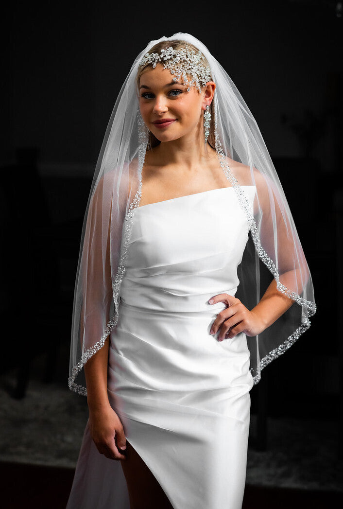 LUNA – Beaded crystal cathedral wedding veil - Free Blusher