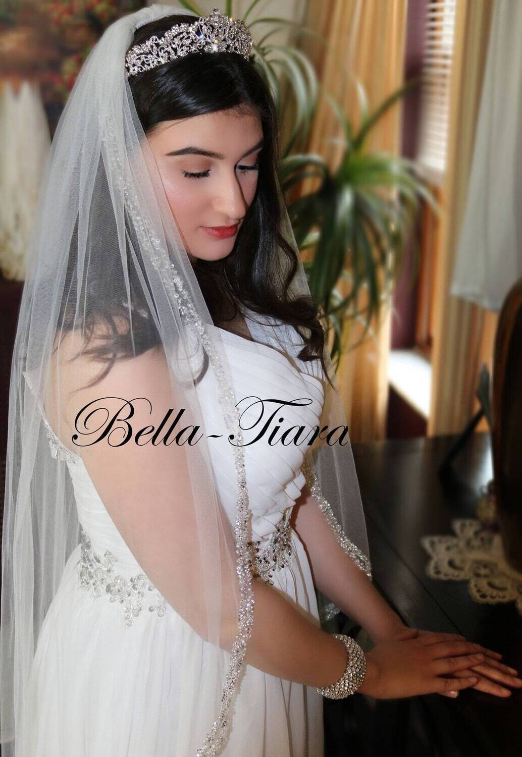 Luce – Elegant Beaded floor cathedral crystal trim veil