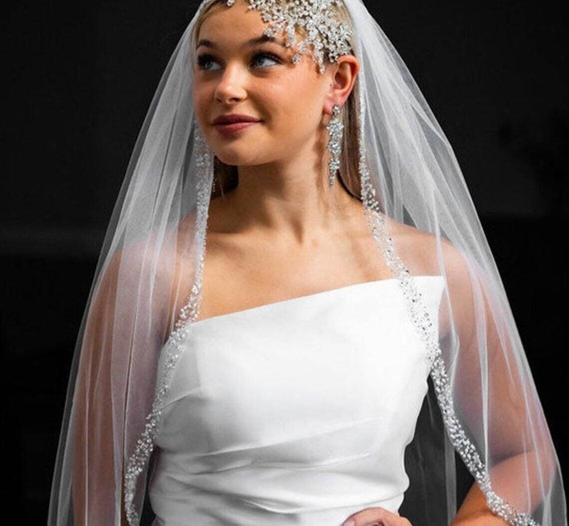 LUNA – Beaded crystal cathedral wedding veil - Free Blusher