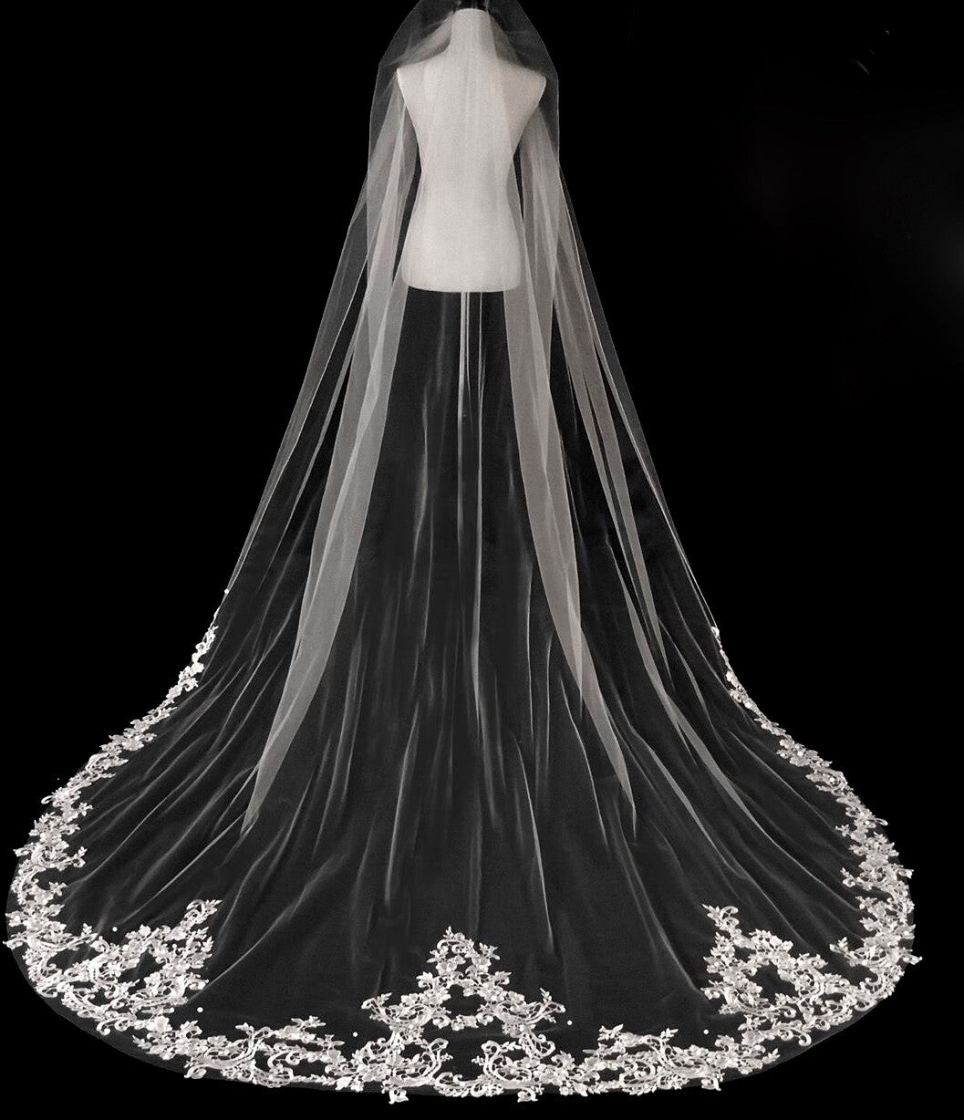 Sarina - Vintage french lace cathedral veil with Free blusher