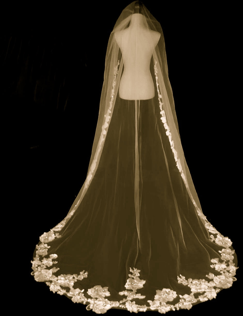 veil for champagne wedding dress Ombre Champagne Floral Lace Ivory Cathedral Veil with Blusher Bridal V SheerGirl