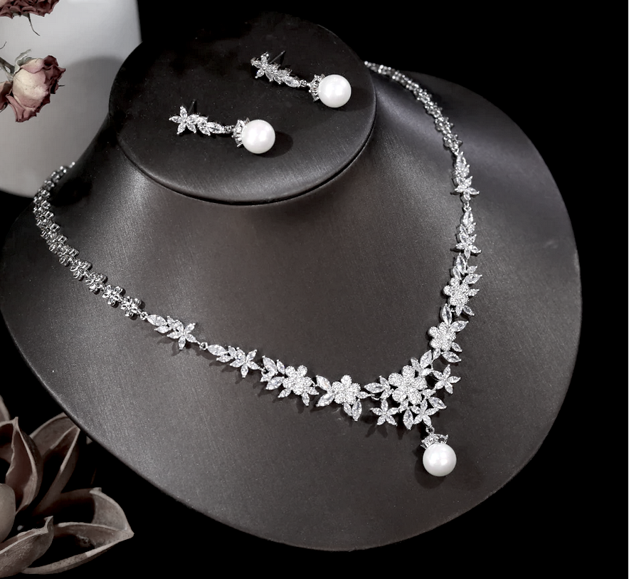 Flora - Elegant Timeless pearl drop bridal necklace set