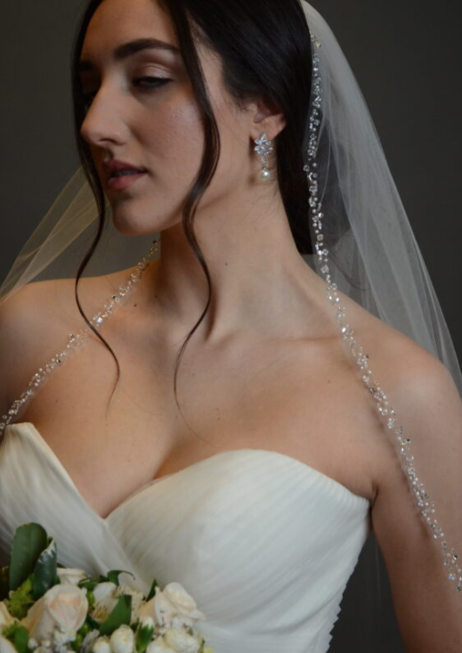 MONICA – Beautiful beaded edge pearl and crystal trim bridal veil