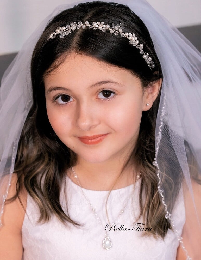 Lora - Beaded crystal pearl first communion veil