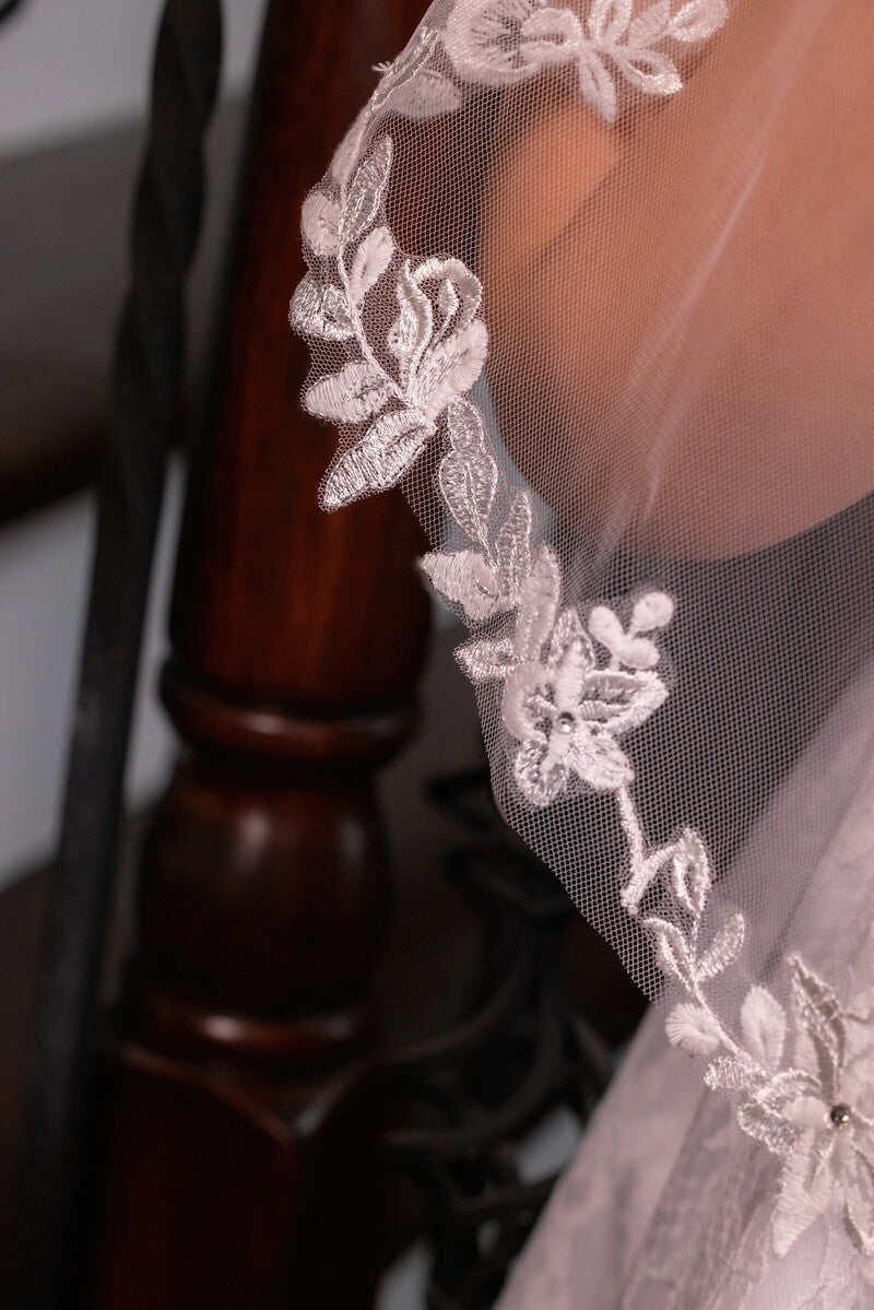 Sara - Gorgeous rhinestone accent Floral lace communion veil
