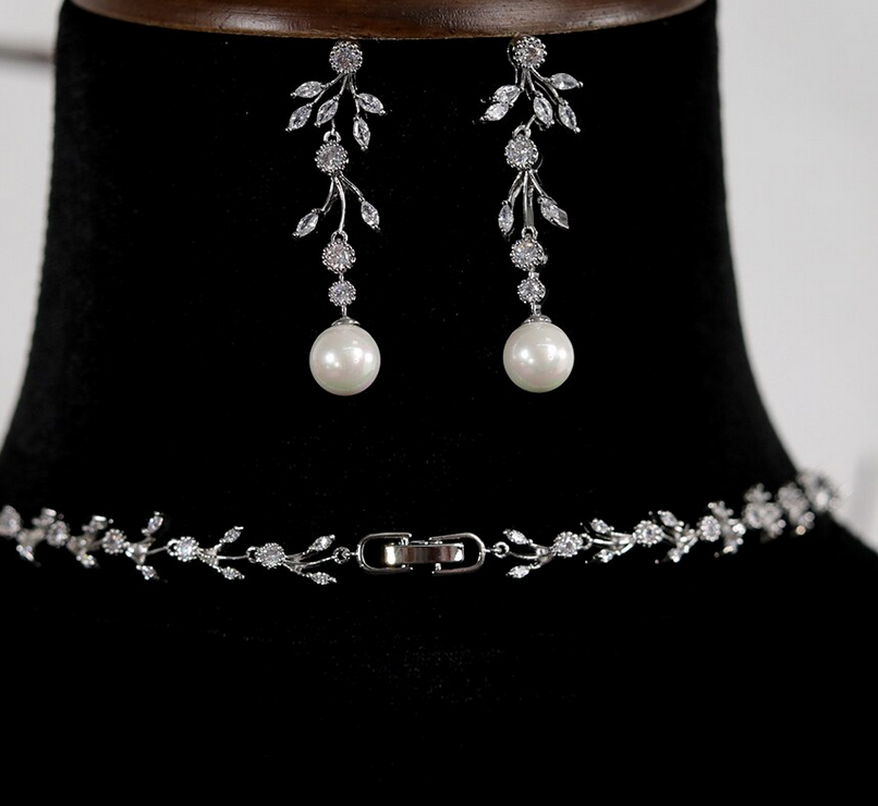 Clara - Timeless crystal vine pearl drop bridal necklace set