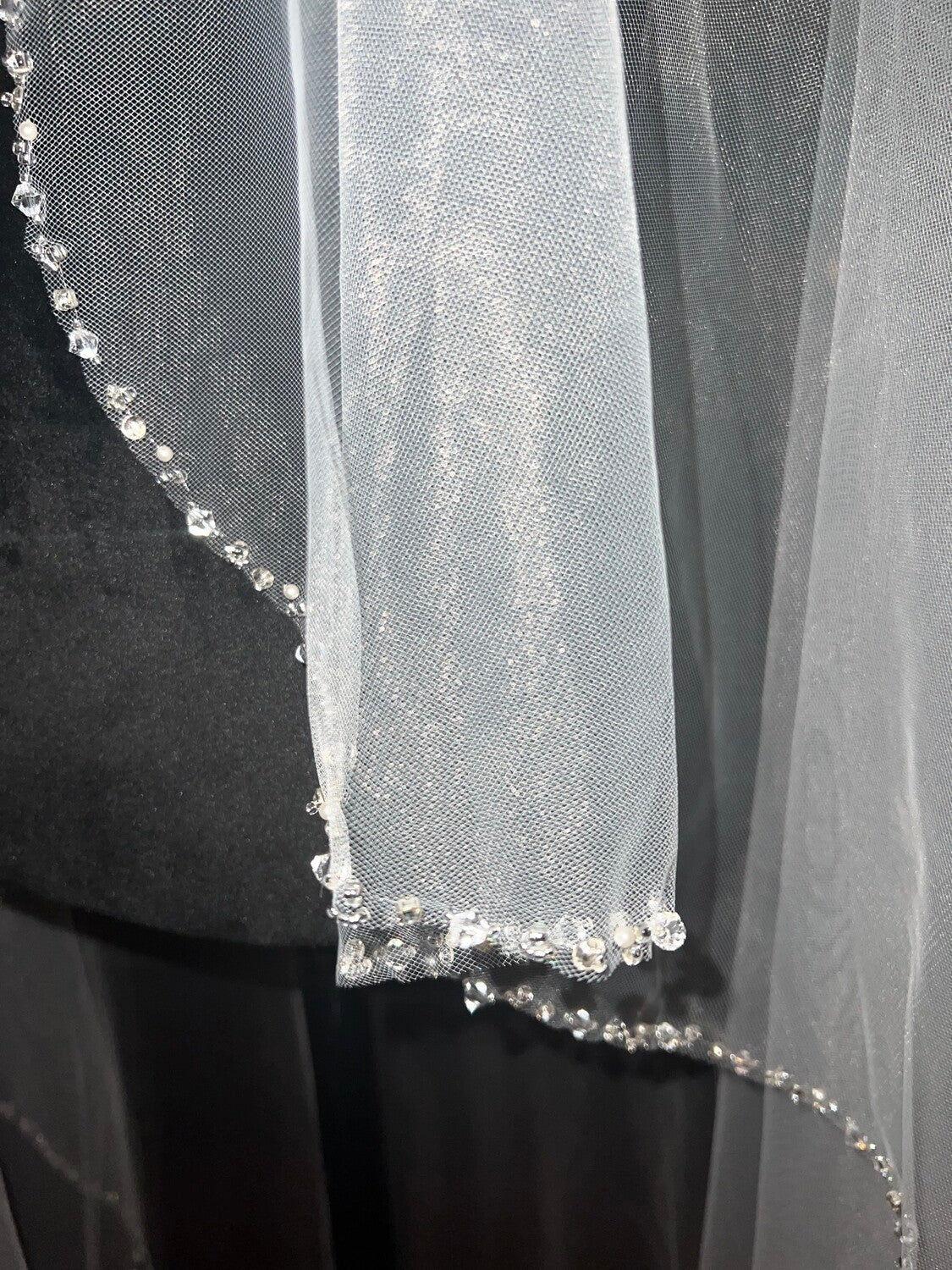 Roberta – Cascading waterfall waltz crystal pearl edge wedding veil