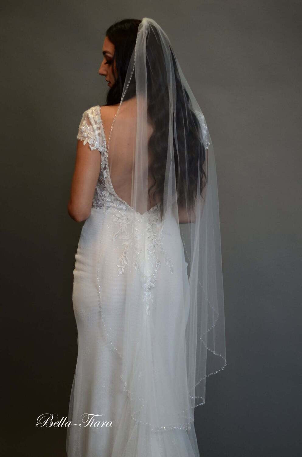 Roberta – Cascading waterfall waltz crystal pearl edge wedding veil