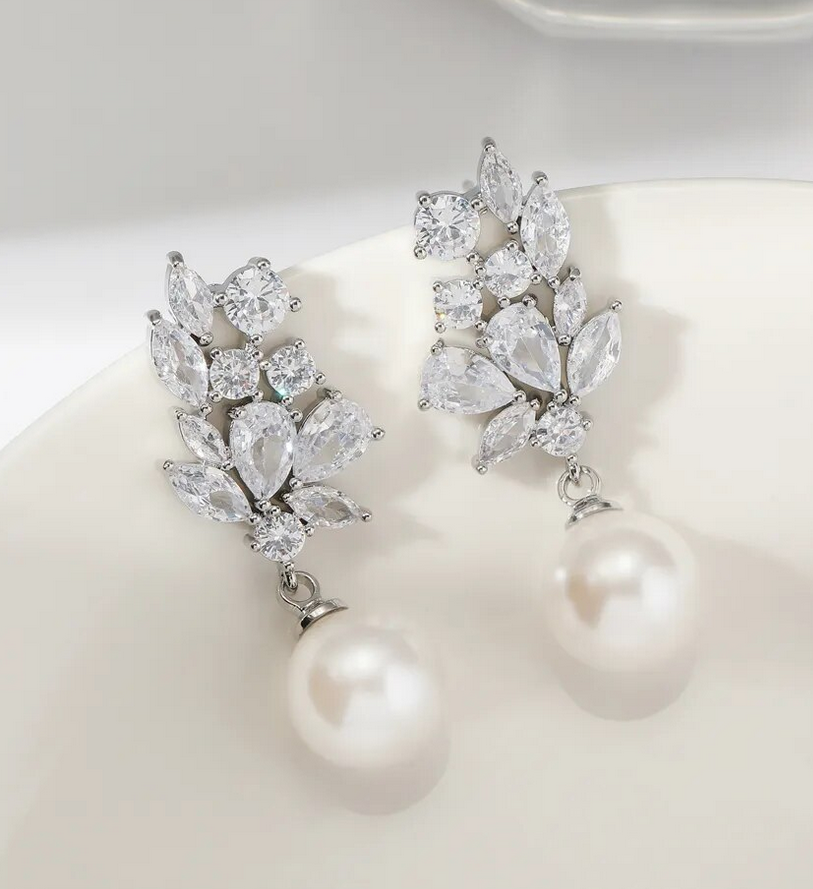 Sara - Elegant CZ pearl bridal earrings