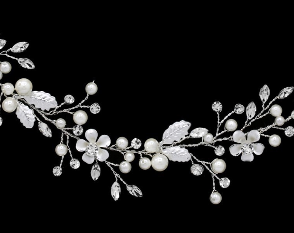 Valeria, Floral crystal and pearl communion headpiece halo