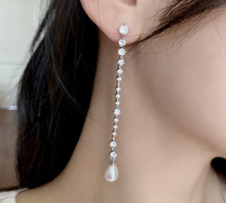 Daniella - Elegant Long pearl drop bridal earrings