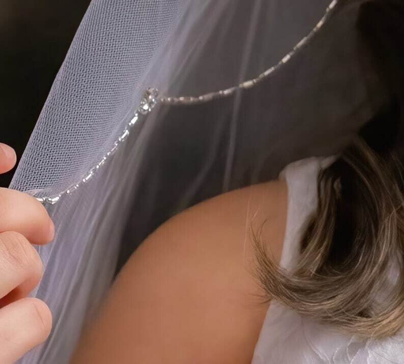 Michela - White or off white Beaded crystal scalloped communion veil