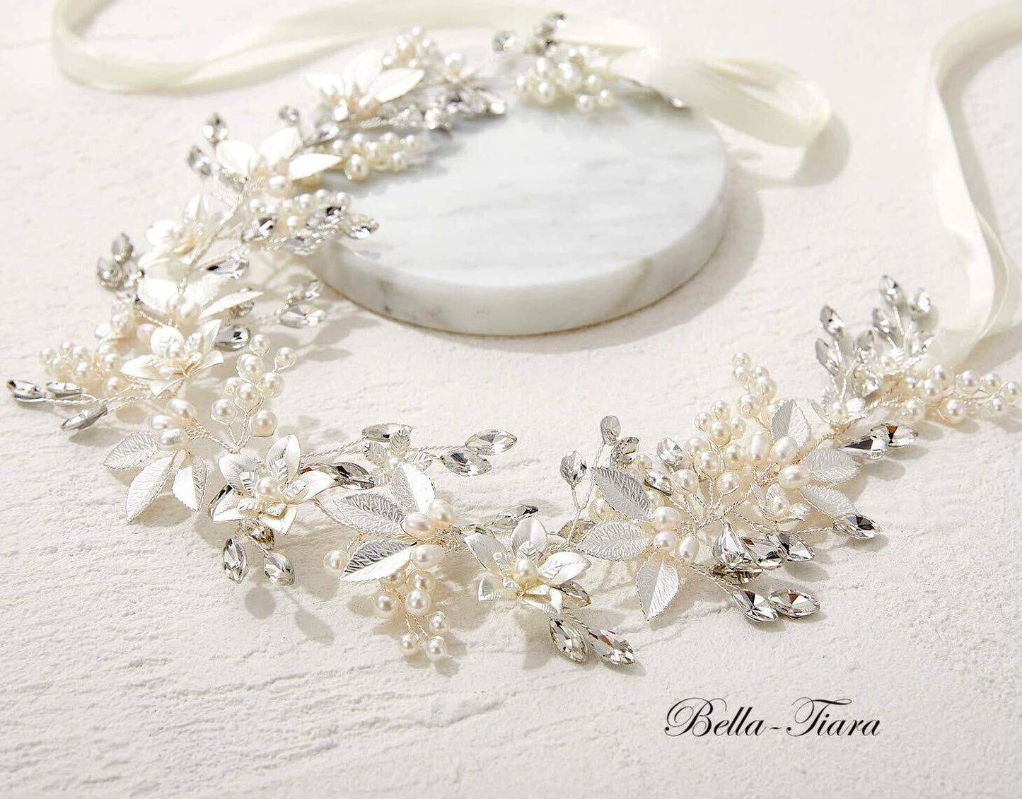 Oriana- Floral leaf ribbon crystal wedding headpiece