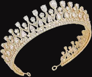 Gold tiara with clear gemstones on a white background