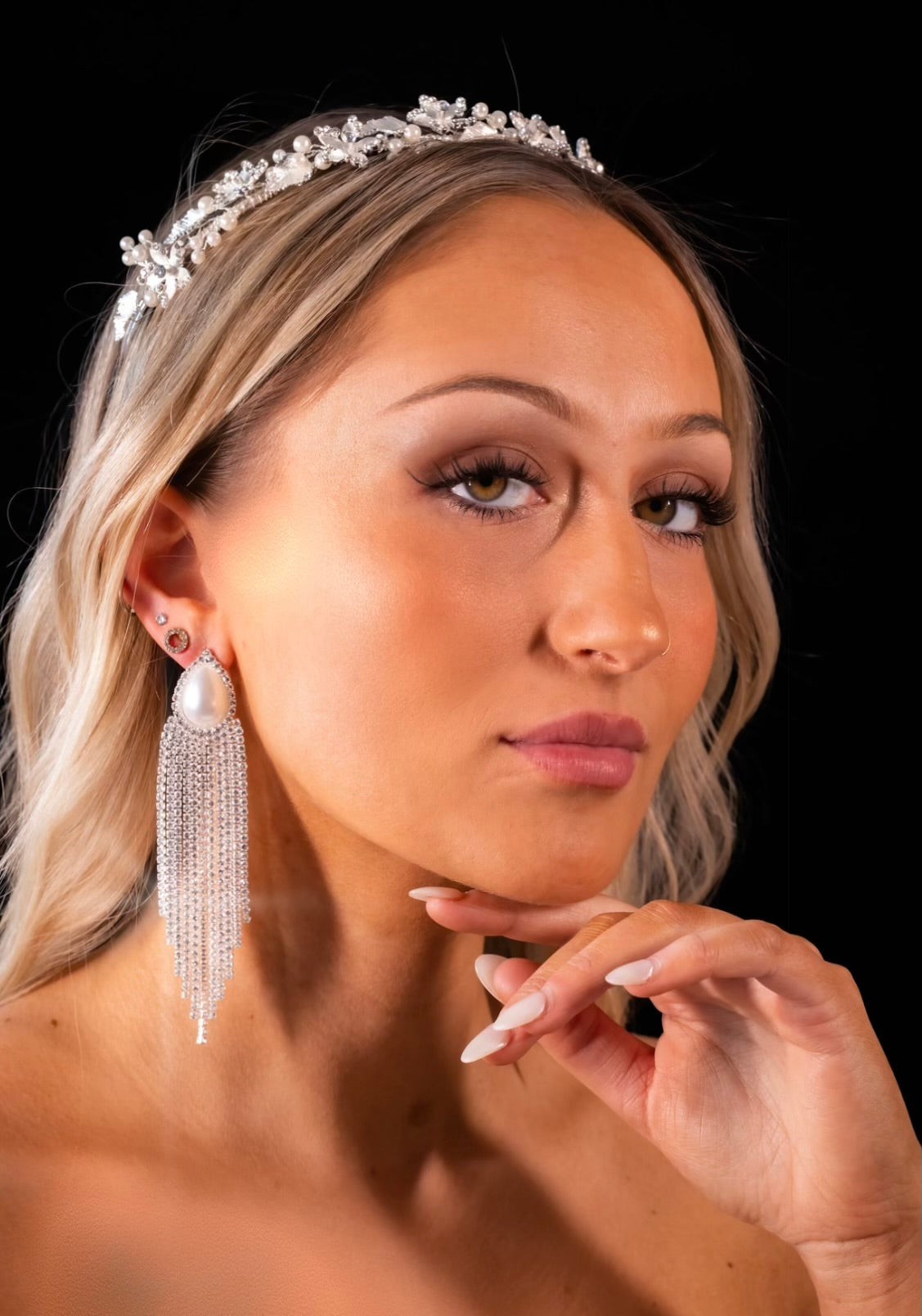 Mariah Crystal Pearl Chandelier Drop Bridal Earrings