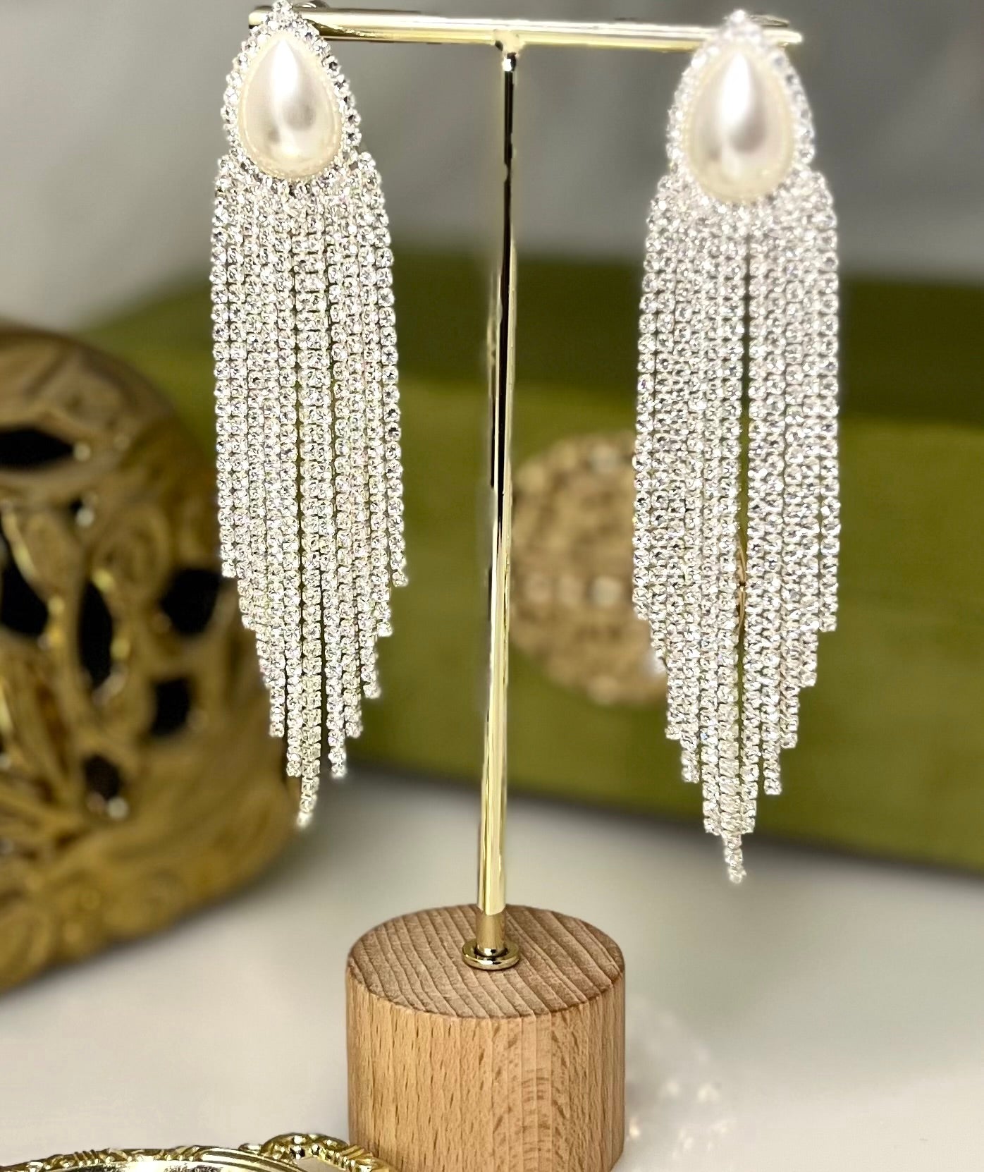 Mariah Crystal Pearl Chandelier Drop Bridal Earrings