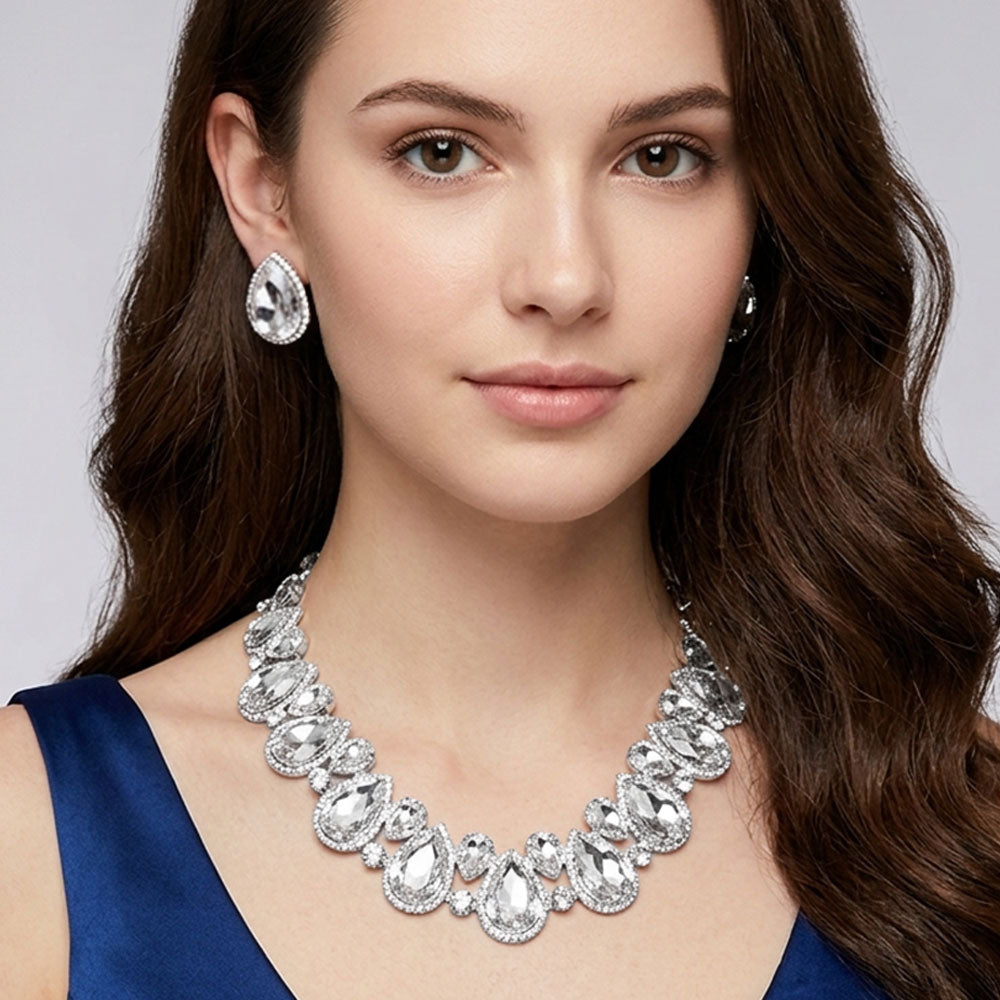 Dominique -  Silver Crystal Statement necklace set