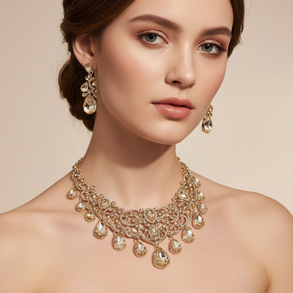 Ladypaige - Gold bridal crystal drop royal statement necklace set