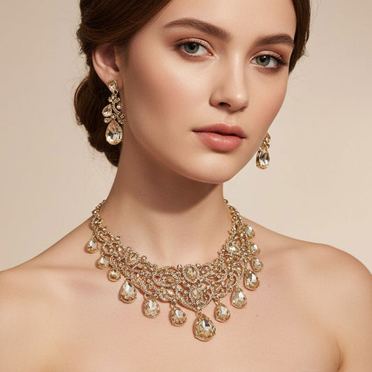 Ladypaige - Gold bridal crystal drop royal statement necklace set
