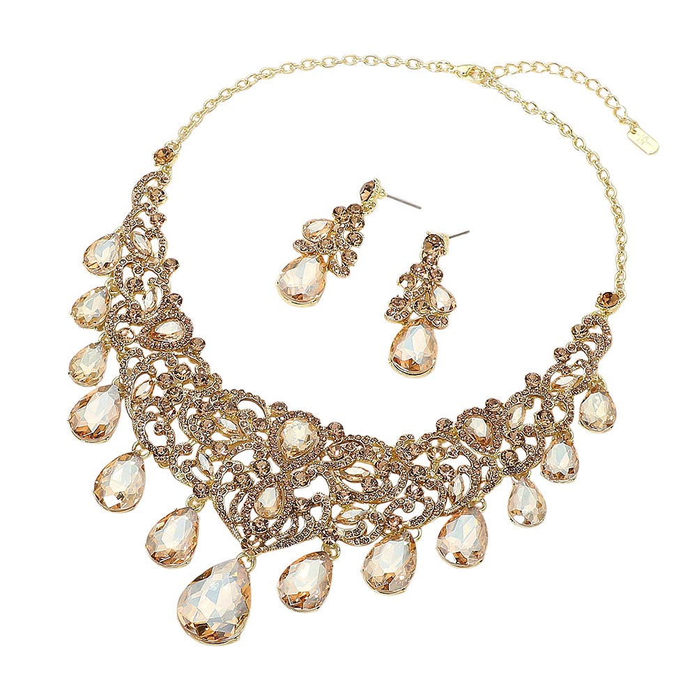Ladypaige - Gold bridal crystal drop royal statement necklace set