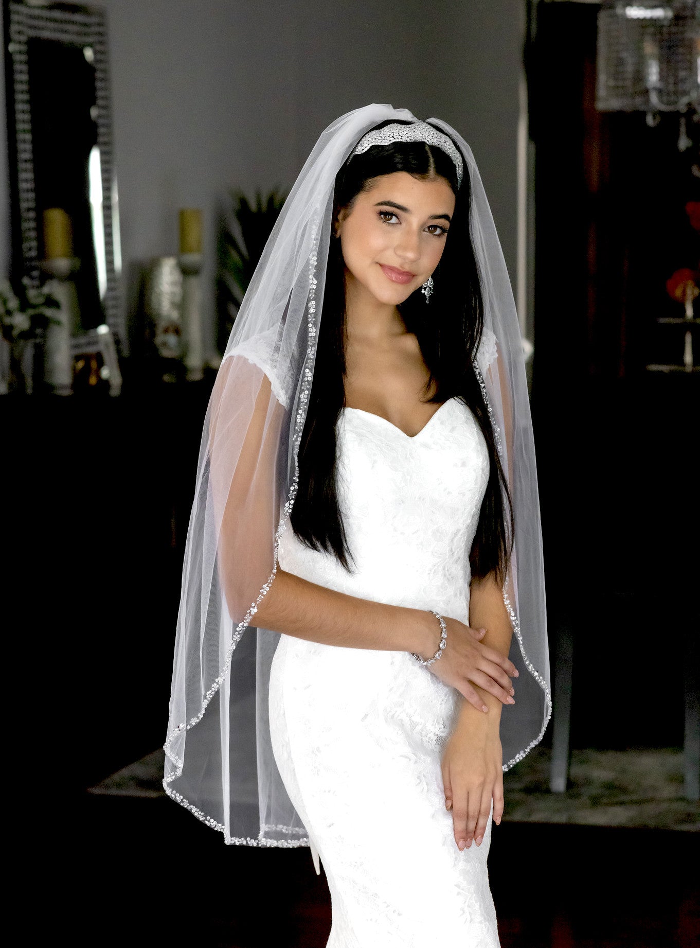 MONICA – Beautiful beaded edge pearl and crystal trim bridal veil