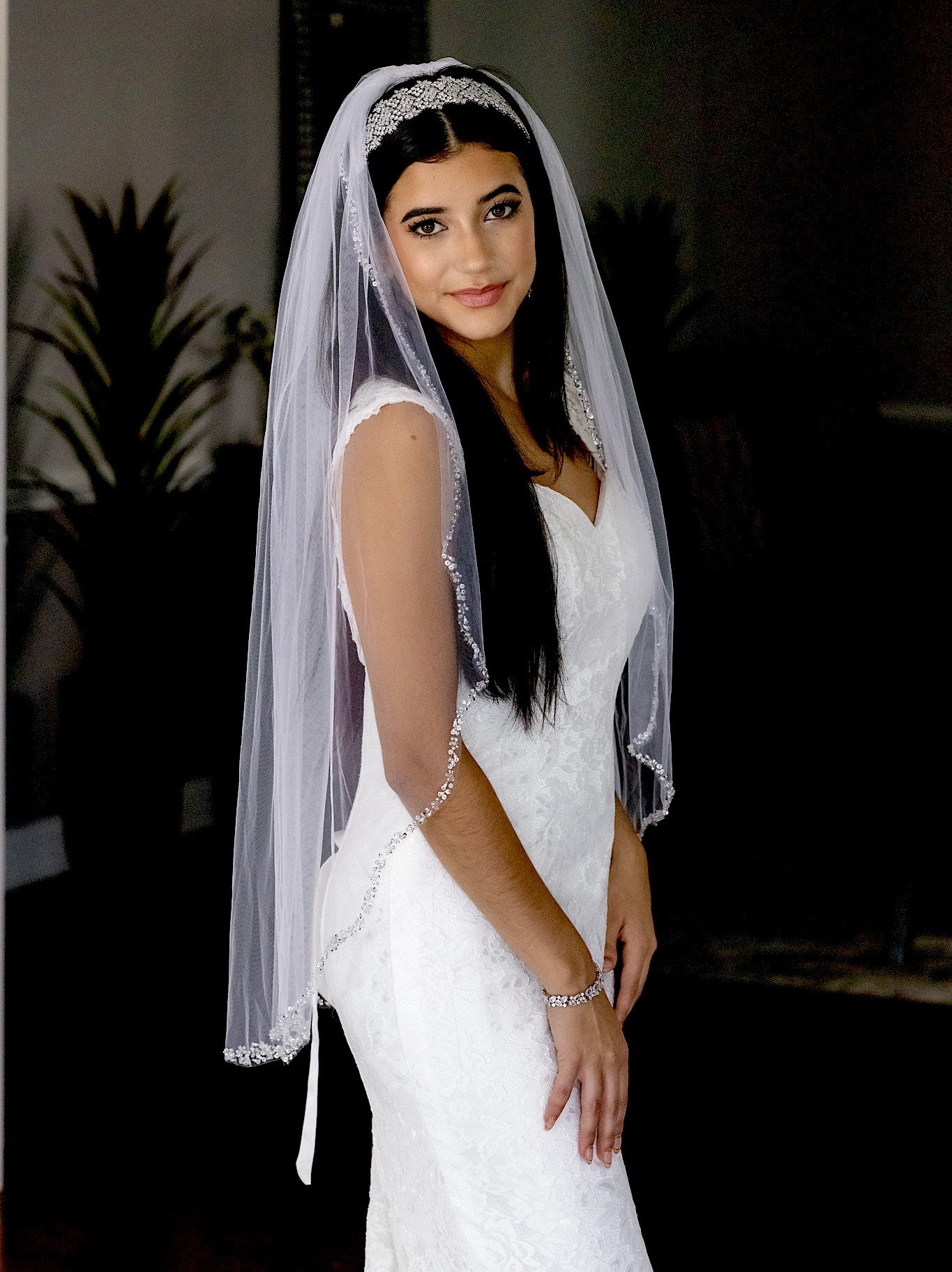 Nora - Scalloped Beaded crystal and pearl trim edge cathedral wedding veil