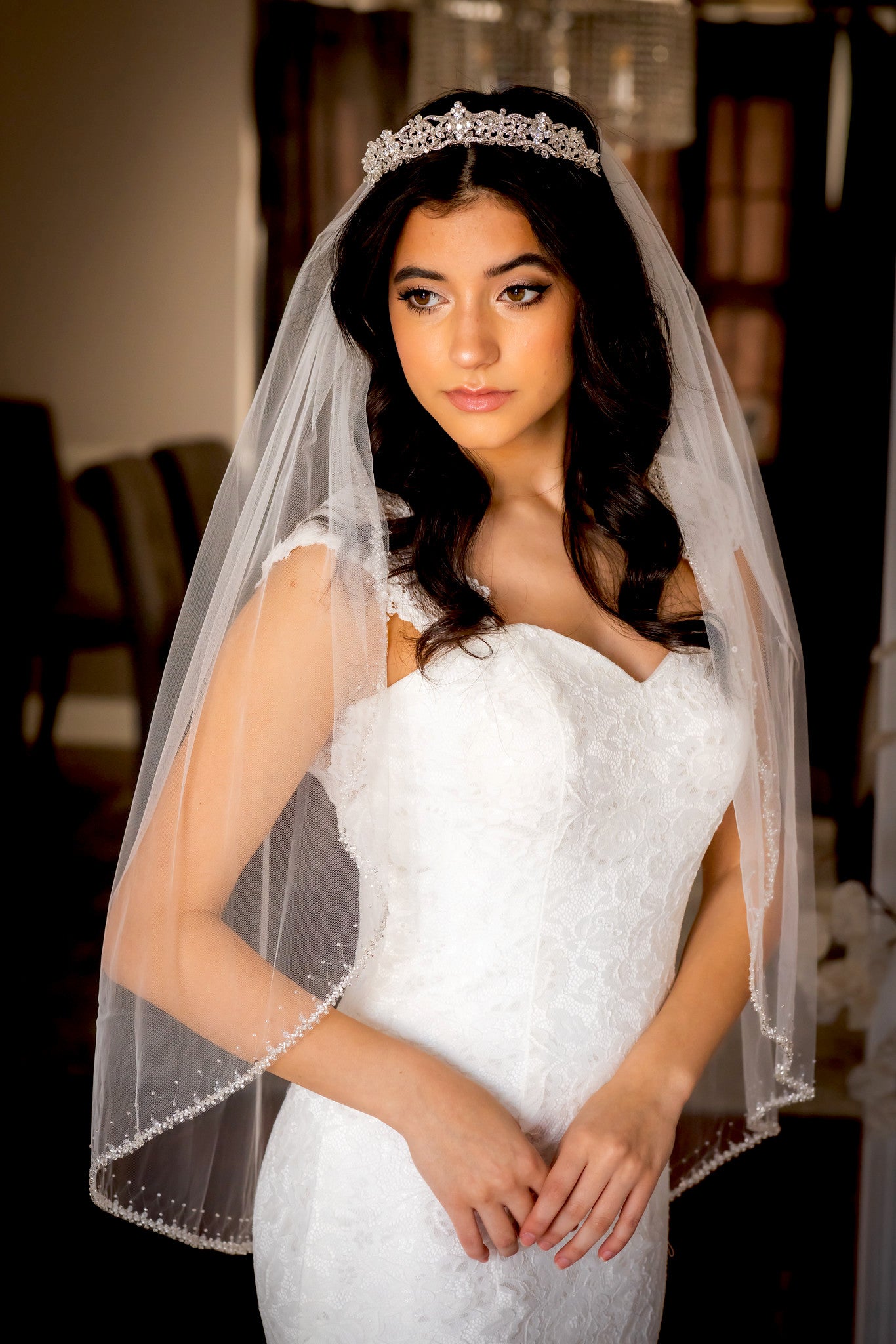 Royal Giorgina – Beaded crystal pearl cathedral wedding veil - Free blusher