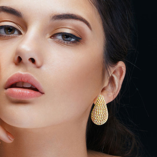 Skylar - Gold Crystal Paved Curved Teardrop Earrings