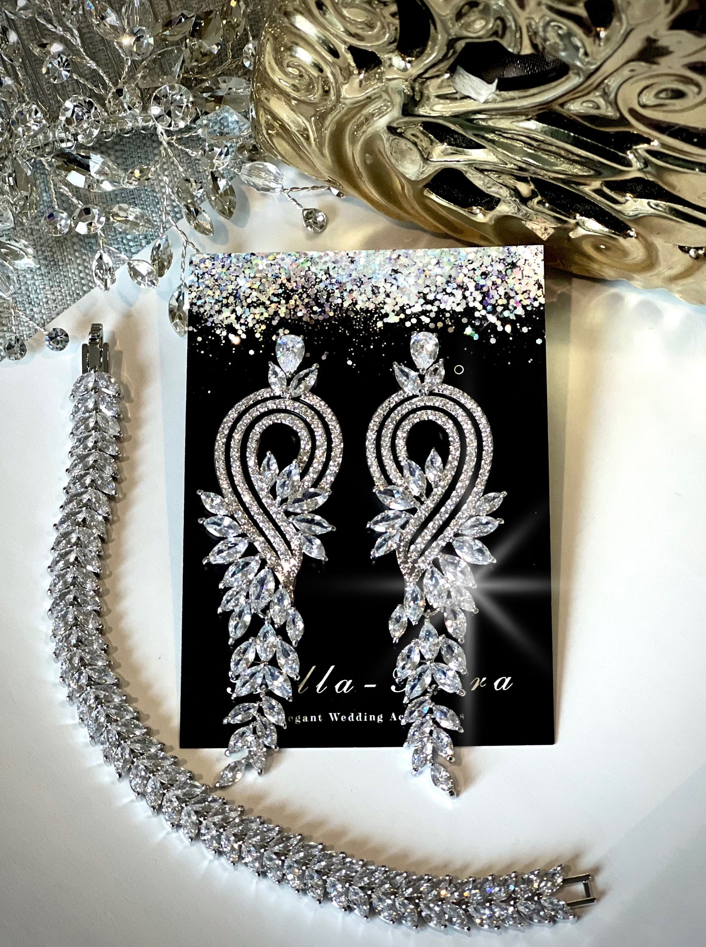 Malba, Swarovski Crystal long bridal drop earrings