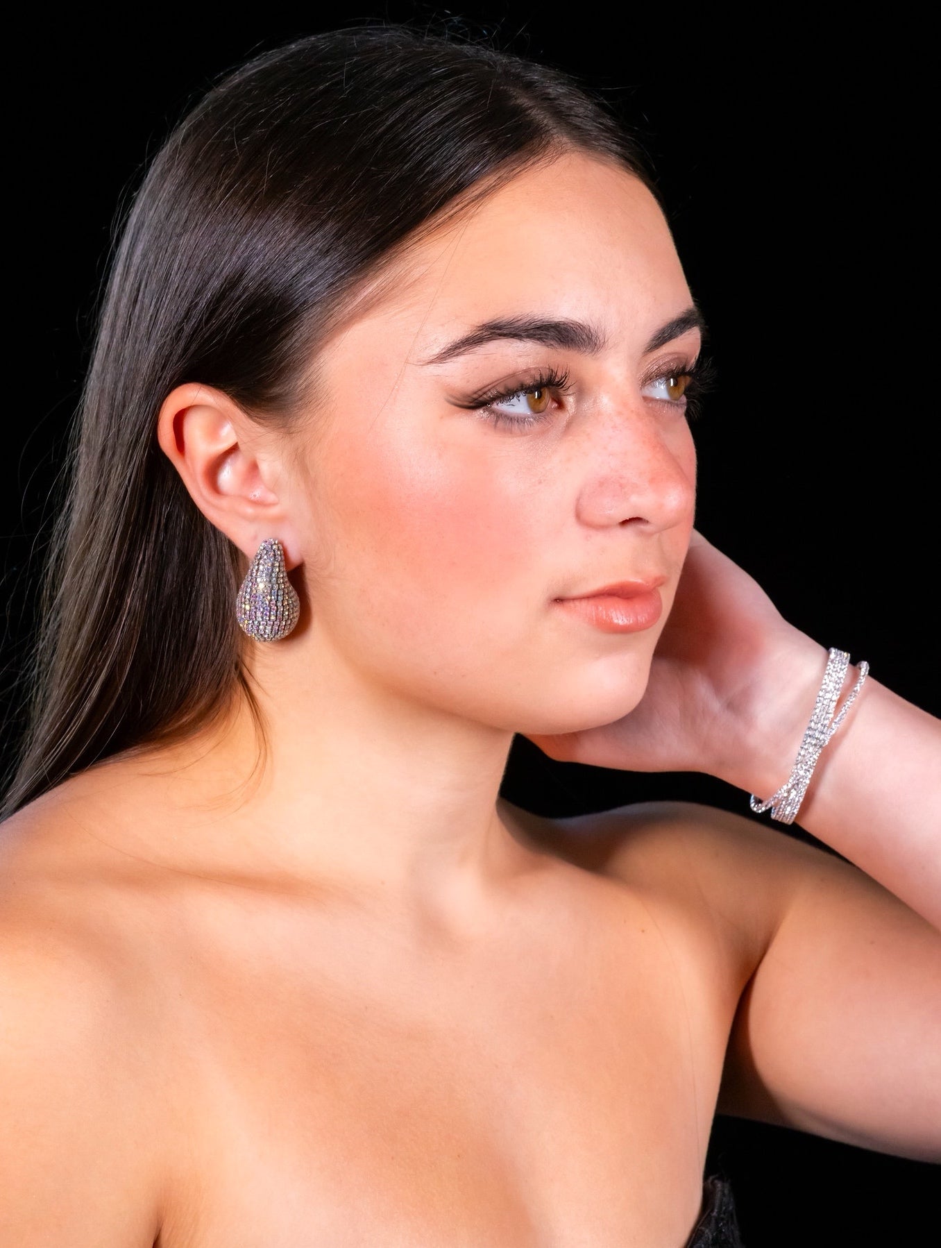 Skylar - Stone Crystal Paved Curved Teardrop Earrings
