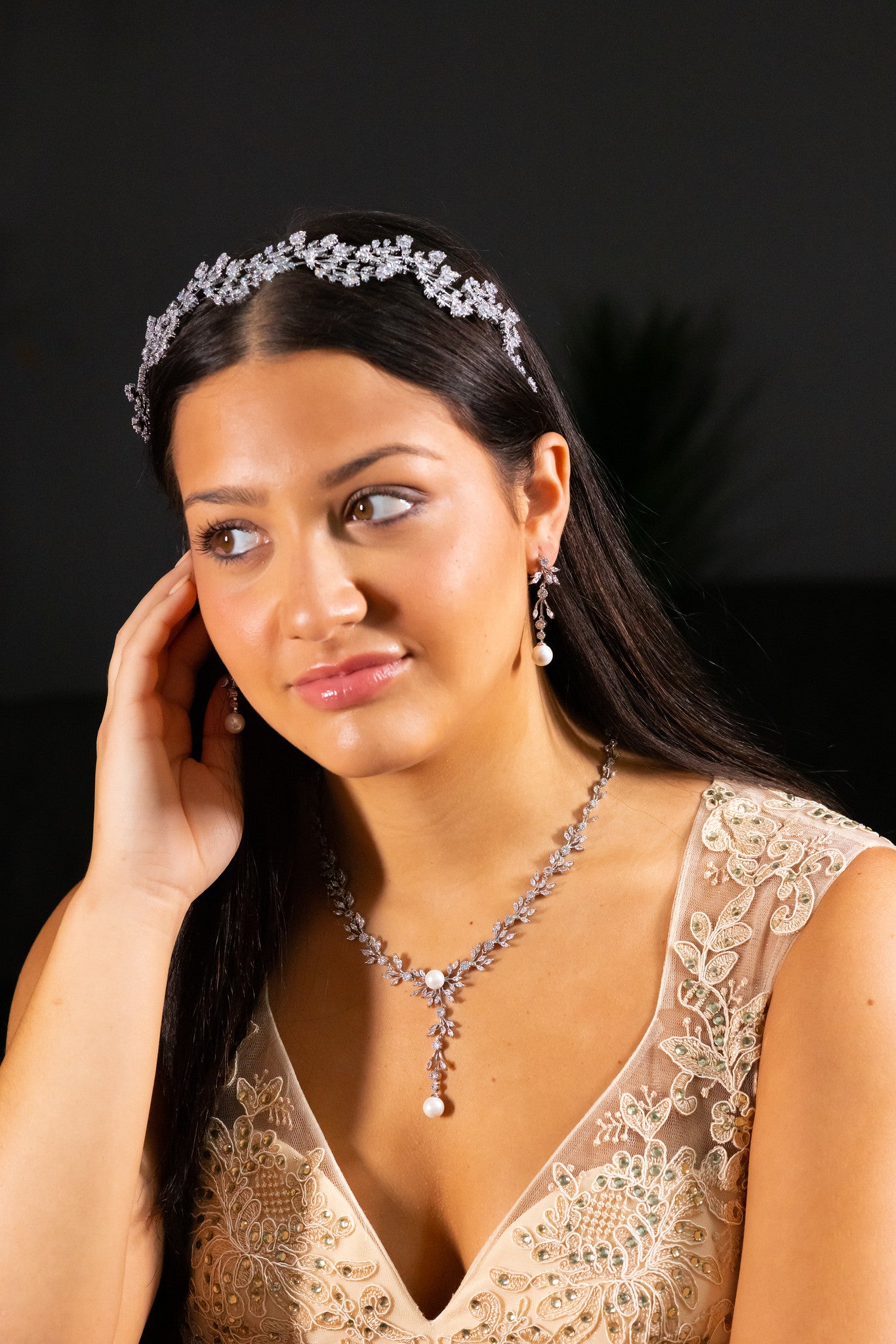 Clara - Timeless crystal vine pearl drop bridal necklace set