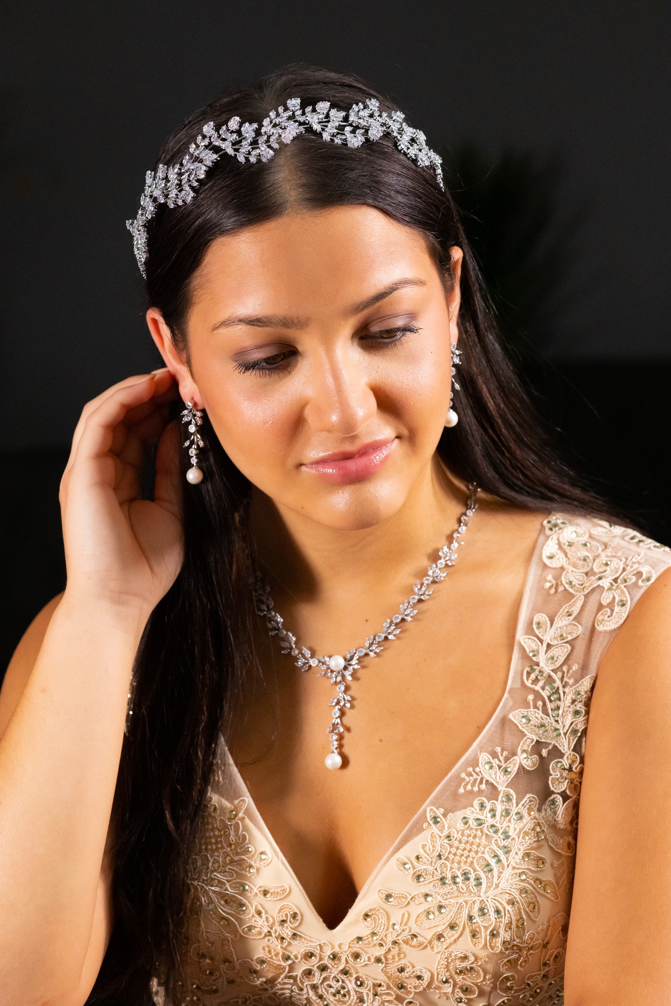 Clara - Timeless crystal vine pearl drop bridal necklace set