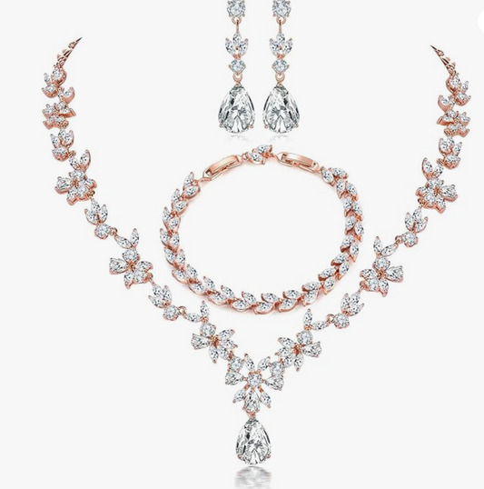 Darcy - Rose gold CZ vine crystal bridal necklace set