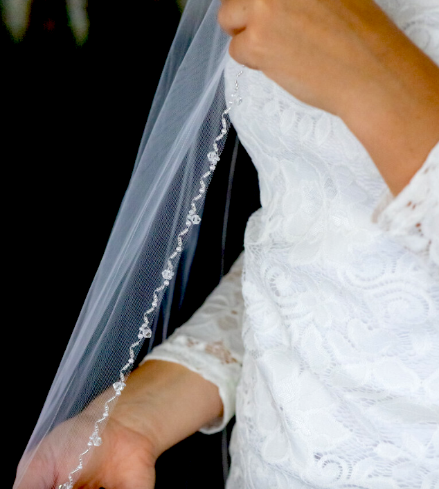 Katalina – Beaded pearl and crystal trim cathedral veil with blusher